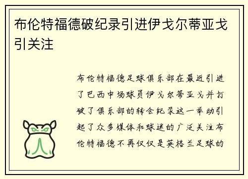 布伦特福德破纪录引进伊戈尔蒂亚戈引关注 布伦特福德破纪录引进伊戈尔蒂亚戈引关注